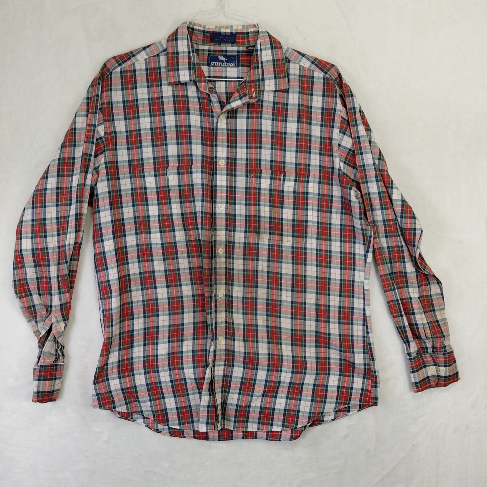 Vintage Steeplechase Mens Plaid Button Down Shirt Long Sleeve Red Blue Large